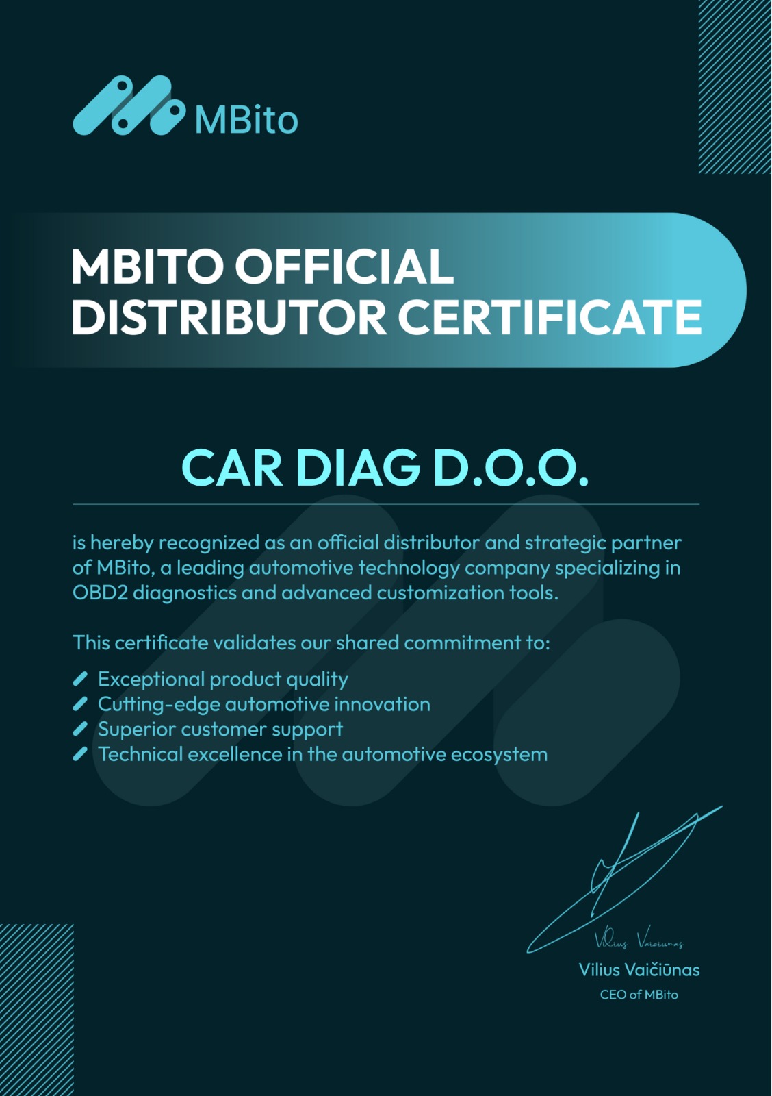 MBito Official Distributor Certificate - Car Diag d.o.o.