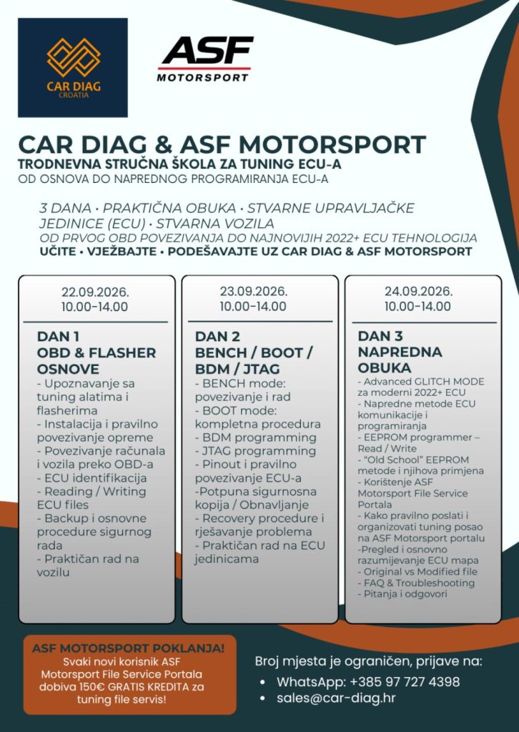 ECU tuning škola Zagreb 2026 - Car Diag in ASF Motorsport